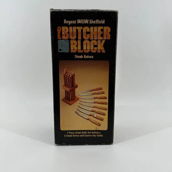 Vintage Regent Sheffield Butcher Block 9-pc Steak Knife Set w/ Wooden Holder NOS - Picture 2 of 9
